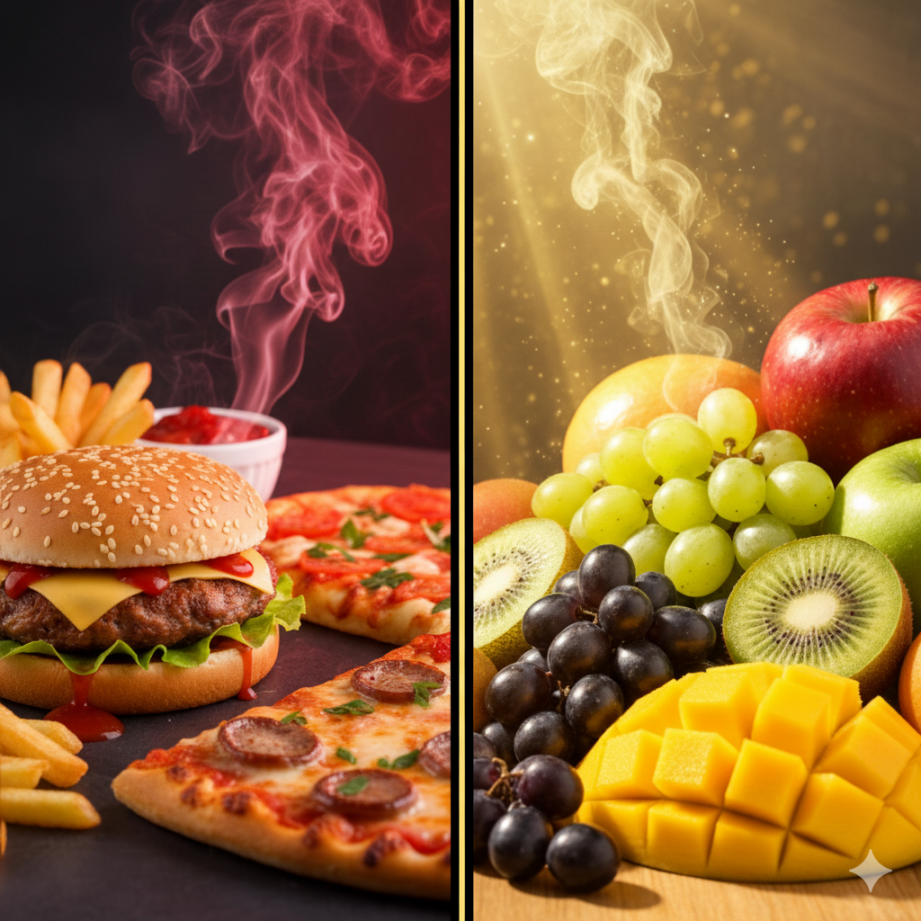 शरीर की बुद्धिमत्ता बनाम मन की मूर्खता – Natural Food vs Junk Food Visual फल और प्राकृतिक भोजन से भरपूर जीवन – Manas Yog Sadhana